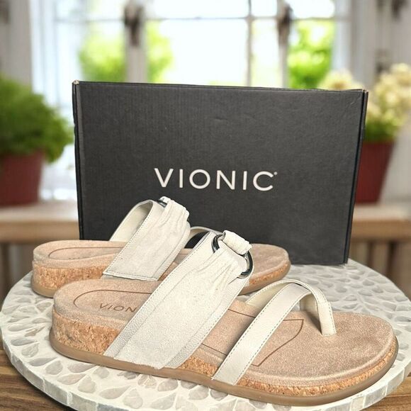 Vionic Landyn Leather Supportive Slide Sandals Cork Orthotic Comfort Women 8 NIB - Picture 1 of 14